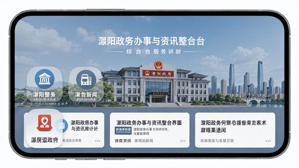 我的溧阳政务办事与资讯整合界面展示,手机屏幕显示多个政务图标和新闻资讯卡片,背景为溧阳市政府建筑和城市天际线,风格正式稳重,蓝灰色调,扁平化设计,画质高清,干净无多余元素,突出综合服务平台的定位。