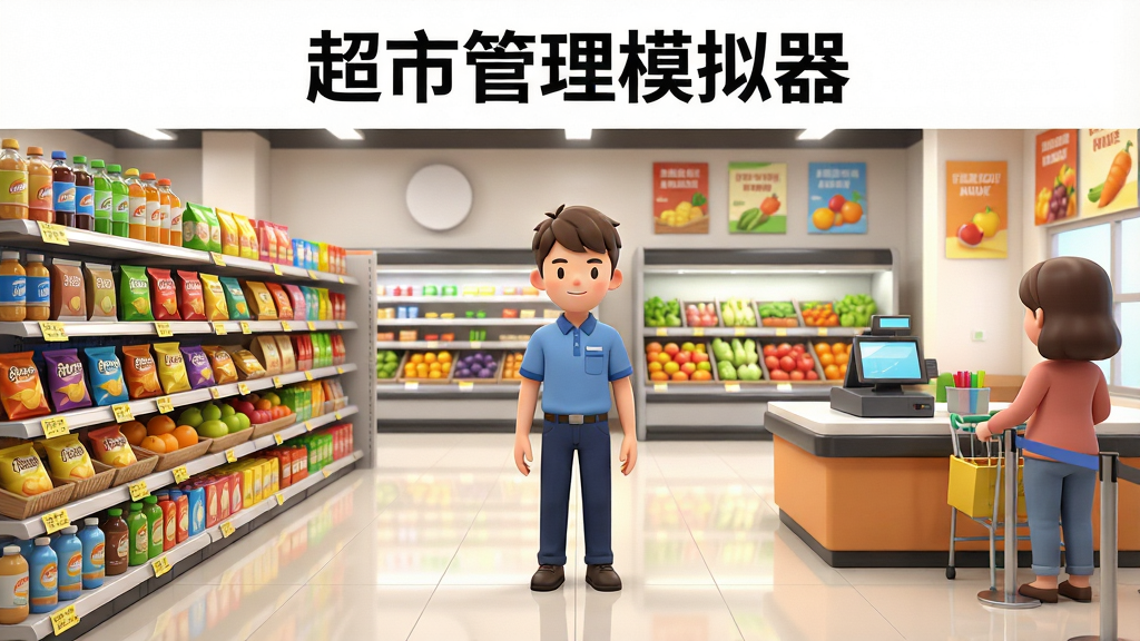 画面主体是一家明亮的现代超市内部场景,中央站着一位穿着工作服的年轻店长,左侧是摆满商品的货架,右侧是收银台和排队结账的顾客,背景有生鲜区和促销海报。布局采用中心对称构图,上方留白处写着“超市管理模拟器”标题文字。风格为卡通写实3D渲染,细节包括货架上的饮料、零食、水果等商品标签清晰可见,地面干净反光,灯光柔和。画质高清,干净,无多余元素。