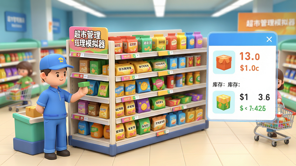 画面展示一个卡通风格的超市货架管理界面,货架上整齐摆放着各种商品,左侧有一个穿着蓝色工作服的理货员正在补货,右侧有一个悬浮面板显示商品价格和库存数量。背景是超市内部通道,远处有顾客推着购物车。布局采用左右分栏,中间是货架主体。风格为明亮清新的2.5D卡通渲染,细节包括商品包装上的文字“超市管理模拟器”清晰可见,货架标签颜色鲜艳。画质高清,干净,无多余元素。
