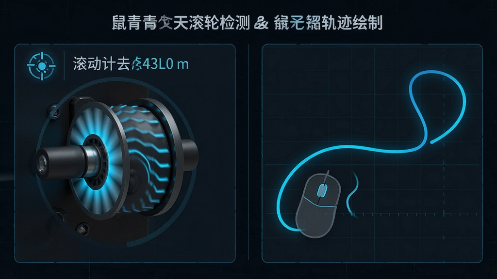 一张展示鼠青天滚轮检测和鼠标轨迹绘制的示意图,画面分为左右两部分,左侧为滚轮滚动计数面板,右侧为鼠标移动轨迹画板,轨迹为一条平滑曲线。布局为左右分栏,风格为科技感深色主题,细节包括滚轮图标、轨迹线条为亮蓝色、背景有细微网格线,画质为高清,干净,无多余元素