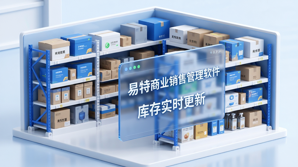 画面展示一个三维立体仓库模型,货架上整齐摆放着各类商品包装盒,前方悬浮着半透明的数据面板,面板上写着“易特商业销售管理软件”和“库存实时更新”字样;风格为科技商务风,配色以蓝白为主,画面干净整洁,画质高清。