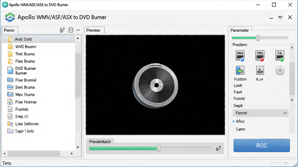软件主界面展示,主体为 Apollo WMV/ASF/ASX to DVD Burner 软件窗口,布局为左侧文件列表区、中间预览窗口、右侧参数设置面板,排版清晰整齐,风格为现代简约科技风,细节包括进度条、刻录按钮、格式图标,画质高清,画面干净,无多余元素