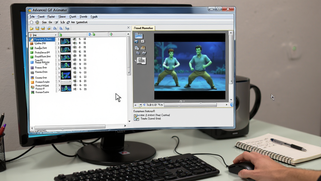 一张展示 Advanced GIF Animator 在 Windows 电脑上运行时的操作场景图,画面中软件窗口显示着帧列表和预览动画,旁边有一只手正在操作鼠标,桌面上摆放着键盘和笔记本,背景为整洁的办公环境,风格为写实场景效果,细节包括屏幕上的软件界面、鼠标指针和桌面物品,画质清晰,干净,无多余元素。