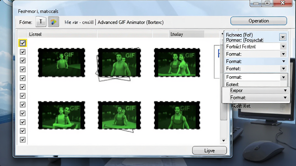 一张展示 Advanced GIF Animator 批量处理功能的图片,画面中软件界面显示着文件列表和批量操作按钮,多个 GIF 文件图标排列在列表中,右侧显示导出格式选择菜单,背景为整洁的桌面环境,风格为写实软件界面效果,细节包括文件列表复选框、操作按钮和格式下拉菜单,画质清晰,干净,无多余元素。