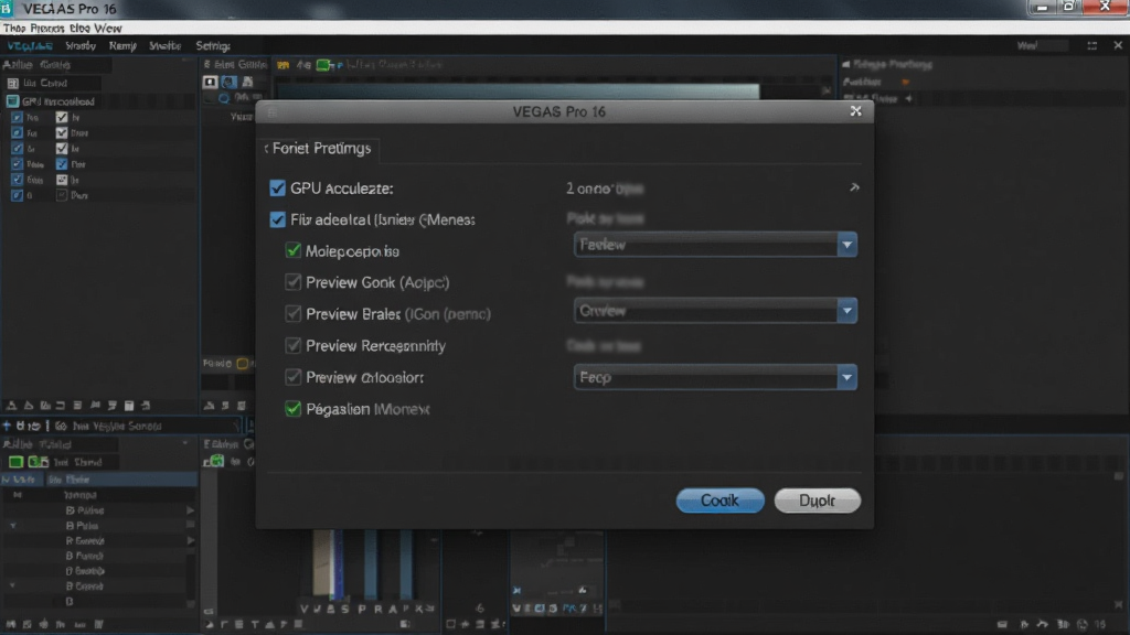 主体是电脑屏幕上VEGAS Pro 16软件的首选项设置界面,布局为居中弹窗,排版展示GPU加速与预览分辨率选项,风格为深色UI写实风,细节包括勾选框、下拉菜单、按钮高亮,画质为高清,画面干净,无多余元素