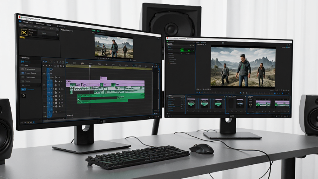 主体是VEGAS Pro 16软件在双屏工作站上运行的场景,布局为左侧显示器展示时间线,右侧显示器展示预览窗口,排版呈L型桌面布局,风格为现代工作室写实风,细节包括键盘鼠标、外接监视器、软件界面元素,画质为4K超清,画面干净,无多余元素