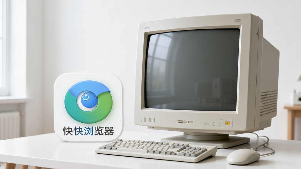 一台老式台式电脑显示器旁边放着一个轻巧的浏览器图标,图标上写着
