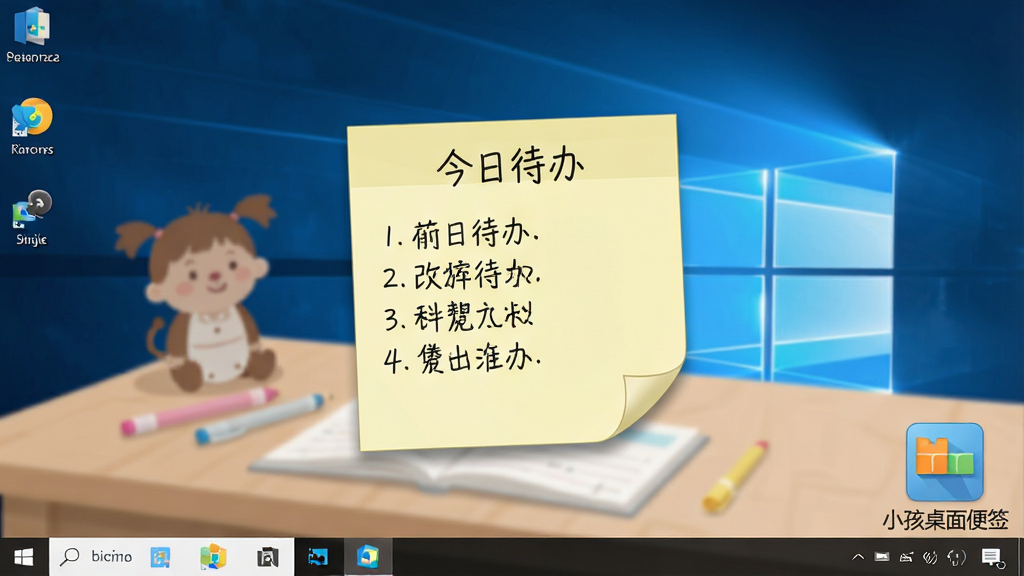 小孩桌面便签 软件主界面截图,桌面中央悬浮一张淡黄色便签纸,便签上写有“今日待办”和几行手写体文字,背景是简洁的Windows桌面,右下角有软件图标和“小孩桌面便签”字样,整体风格清新可爱,画质清晰,干净无多余元素