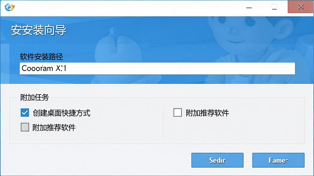 小孩桌面便签 安装向导界面,界面显示软件安装路径选择框和“附加任务”选项,其中“创建桌面快捷方式”已勾选,“附加推荐软件”未勾选,整体界面简洁,按钮清晰,画质干净,无多余元素