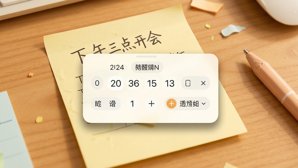小孩桌面便签 提醒设置弹窗,弹窗内显示日期时间选择器和重复选项,背景是一张写有“下午三点开会”的便签纸,弹窗边缘有柔和的阴影,整体色调温暖,画质清晰,干净无多余元素