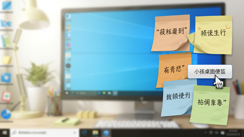 小孩桌面便签 桌面悬浮效果展示图,多张不同颜色的便签纸错落排列在Windows桌面右侧,每张便签上有简短文字,鼠标指针正悬停在“小孩桌面便签”的添加按钮上,背景虚化处理,画面明亮,画质细腻,干净无多余元素