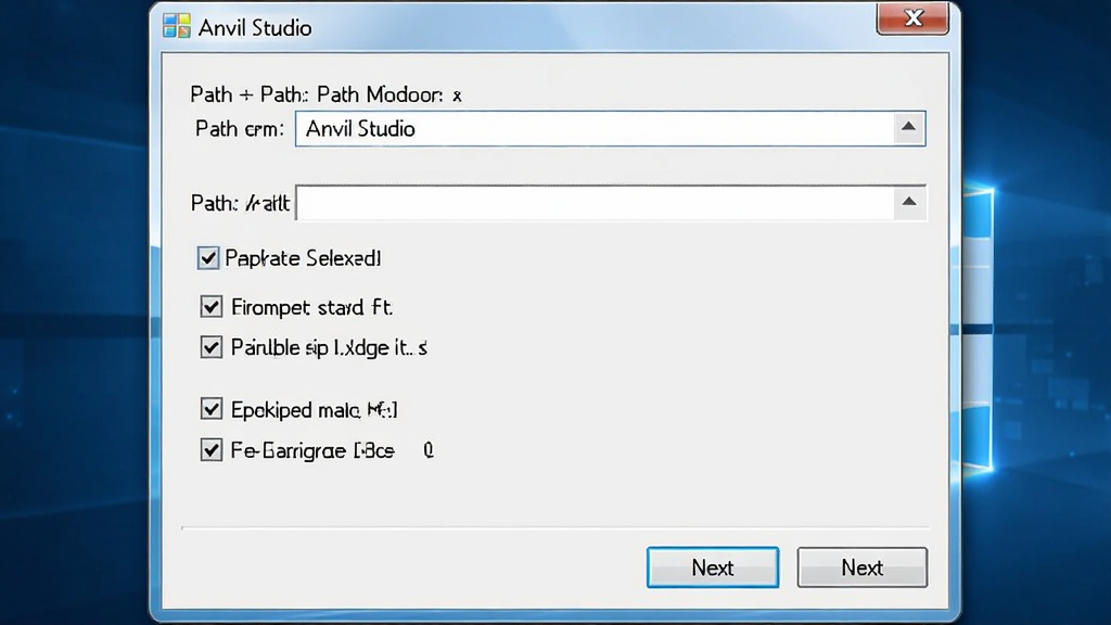 Anvil Studio��װ�����򵼽��棬����Ϊ������װ���ڣ�������ѡ���������У��Ű��࣬���ΪWindows��װ������ϸ�ڰ���·��ѡ��򡢸�ѡ����һ����ť�������������ɾ����޶���Ԫ��