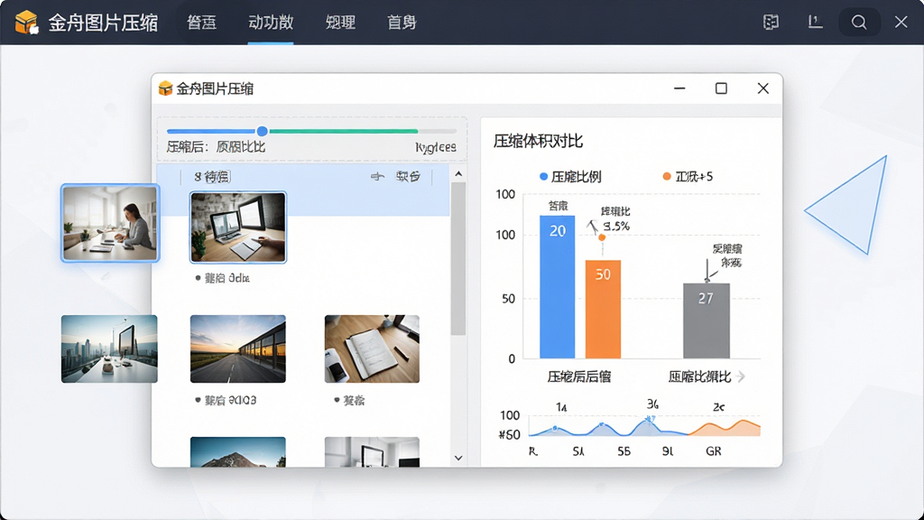 一张干净简洁的软件界面展示图,画面中央是金舟图片压缩软件的主操作窗口,左侧显示待压缩图片列表,右侧展示压缩前后体积对比数据,整体布局采用上下结构,顶部为功能导航栏,排版整齐清晰,风格为现代简约商务风,细节上包含进度条和压缩比例标识,画质高清,画面干净,无多余元素。