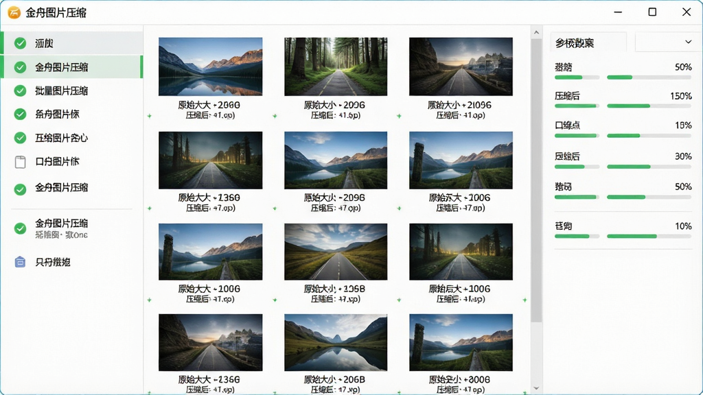 一张展示批量图片压缩功能的场景图,画面主体为金舟图片压缩软件操作界面,界面中显示多张图片缩略图排列成网格状,每张图片下方标注原始大小与压缩后大小,排版采用左侧列表右侧参数面板的布局,风格为清爽科技感,细节包含绿色对勾完成标识和进度百分比,画质高清,画面干净,无多余元素。