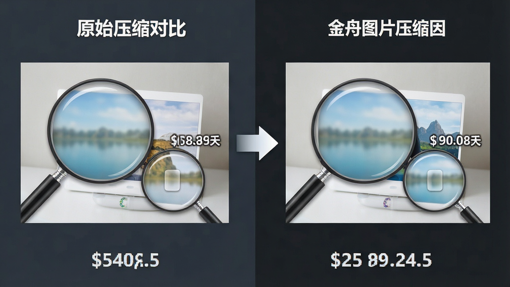 一张展示图片压缩前后画质对比的示意图,画面左侧为原始高清图片,右侧为经过金舟图片压缩软件处理后的图片,中间用箭头连接,布局采用左右对比排版,风格为专业评测风,细节上包含放大镜局部细节展示和体积数据标注,画质高清,画面干净,无多余元素。