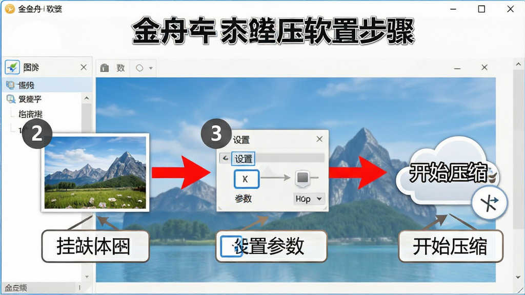 一张展示金舟图片压缩软件操作步骤的示意图,画面主体为软件界面截图,用红色箭头标注导入图片、设置参数、开始压缩三个关键步骤,布局采用横向流程图排版,风格为教程指引风,细节上包含数字序号和文字说明框,画质高清,画面干净,无多余元素。