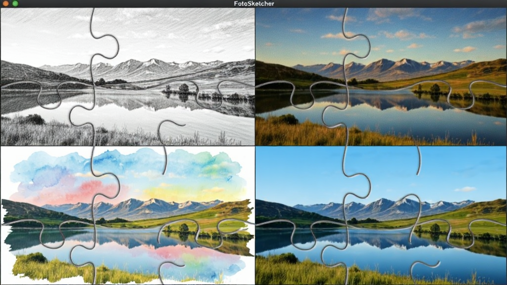 FotoSketcher 软件中展示多种艺术滤镜效果的拼图,主体为同一张风景照片经过不同滤镜处理后的对比图,布局为四宫格排列,排版整齐,风格为写实照片与艺术效果对比展示,细节包含铅笔素描效果、油画效果、水彩效果、卡通效果,画质清晰,干净,无多余元素