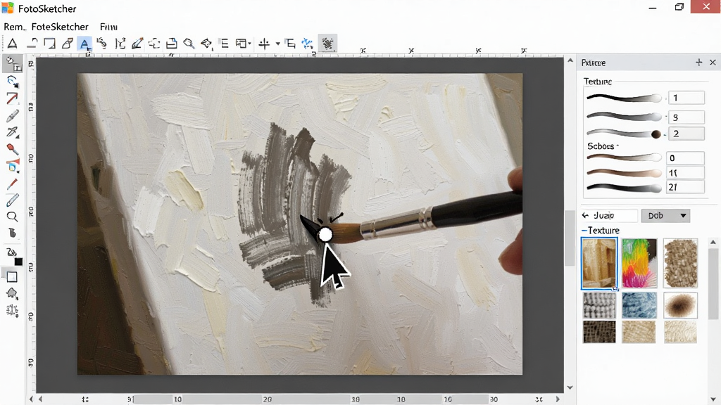 FotoSketcher 软件中画笔微调功能界面,主体为一张已经应用油画滤镜的照片,画面上有画笔光标正在局部涂抹,布局为全屏编辑视图,排版为软件操作界面截图,风格为功能演示截图,细节包含工具栏、画笔参数面板、纹理选择器,画质清晰,干净,无多余元素