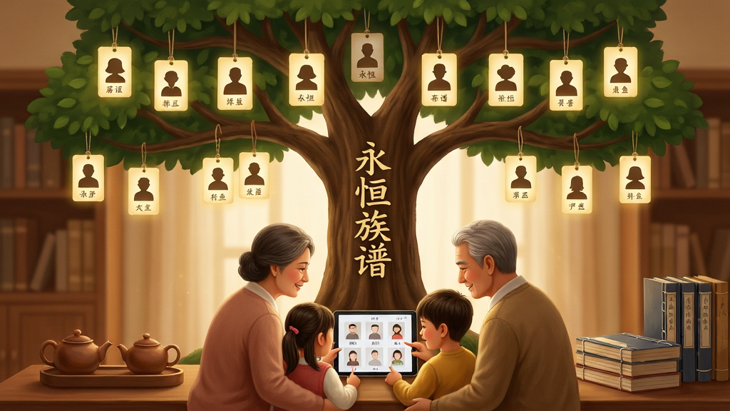 一幅温馨的中国家族树概念图,画面中央是一棵枝繁叶茂的大树,树干上写着“永恒族谱”四个字,树冠的每一根枝条上挂着发光的姓名卡片,卡片上有简单的人像剪影,树下坐着祖孙三代人一起翻看平板电脑上的家谱页面,背景是暖色调的书房,桌上放着茶壶和线装书,整体风格写实温馨,细节丰富,画质清晰,干净,无多余元素