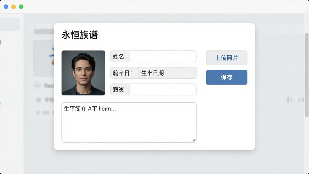 一张软件界面示意图,画面中央是一张“永恒族谱”成员资料卡,卡片上有头像位置、姓名栏、生卒日期栏、籍贯栏、生平简介文本框,卡片右侧有上传照片按钮和保存按钮,背景是浅灰色工作区,整体风格清爽,排版整齐,画质清晰,干净,无多余元素