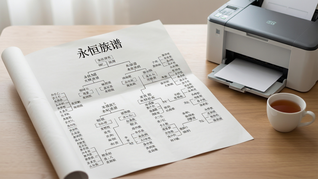 一张打印效果示意图,画面中是一张展开的纸质族谱,上面印有“永恒族谱”字样和清晰的世系图,线条工整,姓名排列有序,旁边放着一台打印机和一杯茶,背景是木质桌面,整体风格写实,光线柔和,画质清晰,干净,无多余元素