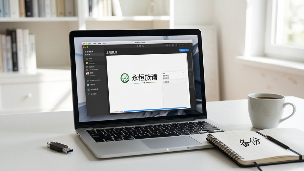 一张电脑桌面场景图,画面中一台笔记本电脑打开着“永恒族谱”软件界面,旁边放着一个U盘和一本笔记本,笔记本上写着“备份”两个字,桌面上还有一杯咖啡,背景是明亮的书房,整体风格写实,光线自然,画质清晰,干净,无多余元素