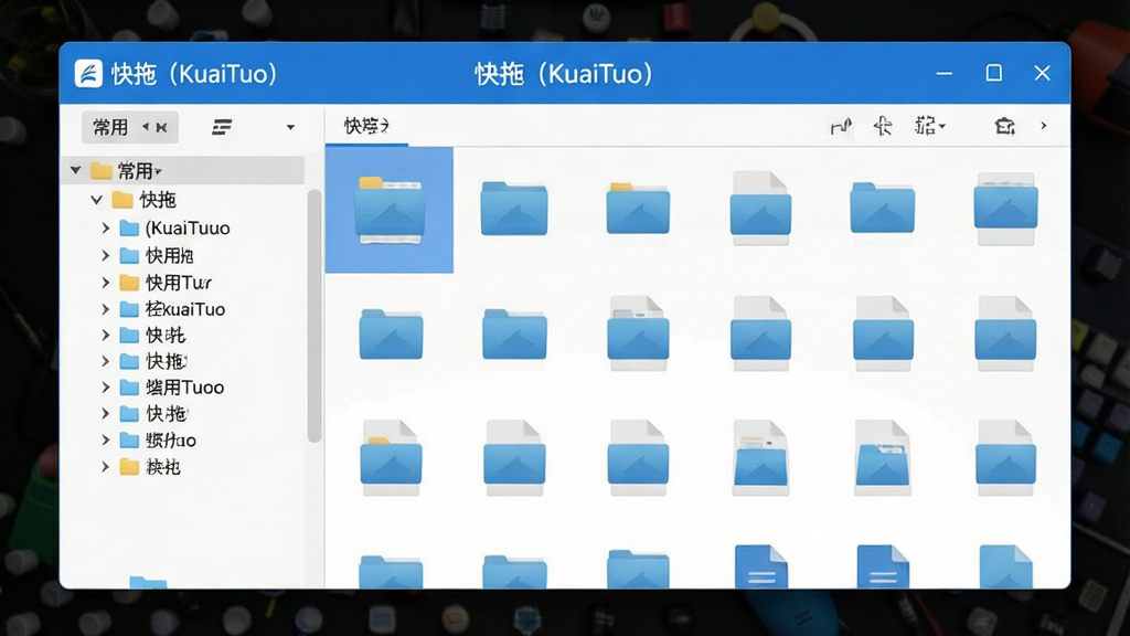 一张展示快拖(KuaiTuo)软件主界面的高清预览图,画面中央是简洁清爽的文件管理窗口,左侧显示常用文件夹树形列表,右侧是文件缩略图网格,窗口上方有“快拖(KuaiTuo)”品牌标识,整体采用蓝白配色,布局干净整齐,风格为现代扁平化设计,细节清晰锐利,画质1080P,无多余装饰元素。
