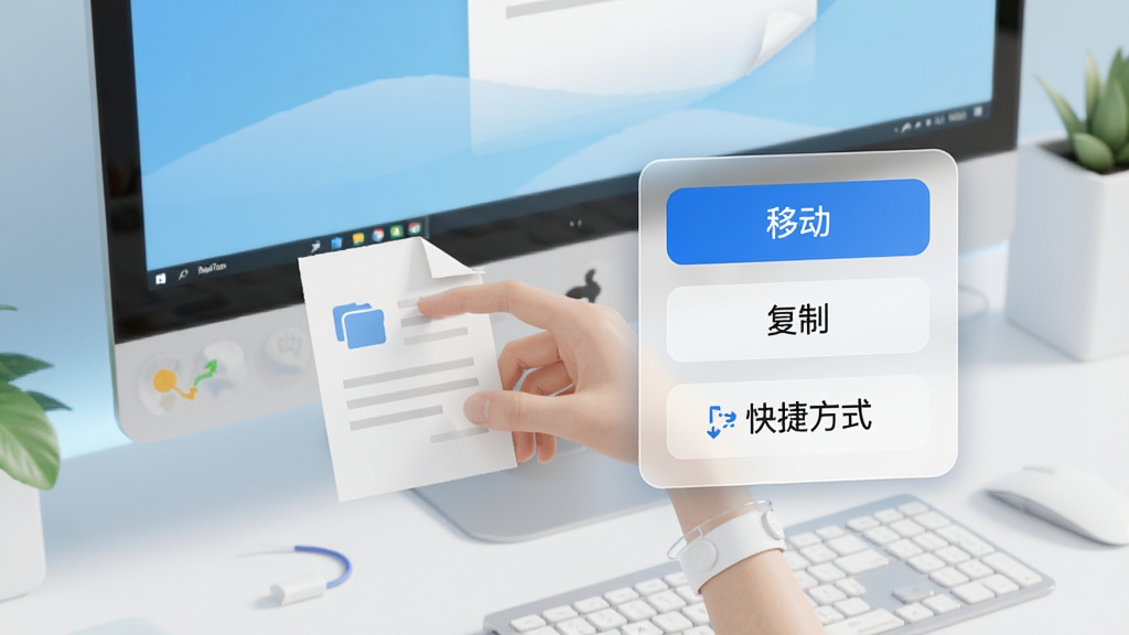 一张展现快拖(KuaiTuo)智能拖拽识别功能的示意图,画面中一只手正将一份文档文件拖向屏幕边缘,边缘处弹出半透明的快捷操作面板,面板上清晰显示“移动”“复制”“快捷方式”等选项按钮,背景是简洁的桌面环境,整体风格明快现代,细节丰富,画质高清,画面干净无杂乱元素。