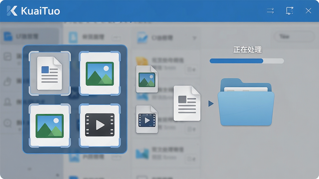 一张展示快拖(KuaiTuo)批量文件处理能力的场景图,画面中多个不同格式的文件图标(文档、图片、视频)被框选后同时拖向一个目标文件夹,文件夹上方显示进度条与“正在处理”字样,界面风格简洁商务,配色以蓝色和灰色为主,布局清晰,画质锐利,无多余装饰。
