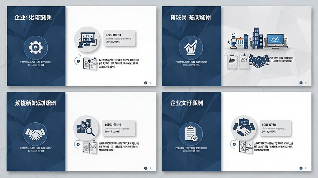 企业文化PPT模板模块化页面展示图,主体为六个独立幻灯片模块,布局为两行三列排列,排版每张幻灯片标注不同模块名称,风格商务专业,细节包含图标与文字占位符,画质清晰干净无多余元素