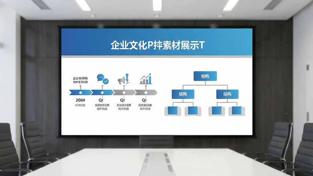 企业文化PPT模板高清图表素材展示图,主体为时间轴与组织结构图幻灯片,布局居中展示,排版上方为标题下方为图表,风格扁平化商务风,细节包含蓝色渐变与灰色辅助线,画质高清干净无多余元素