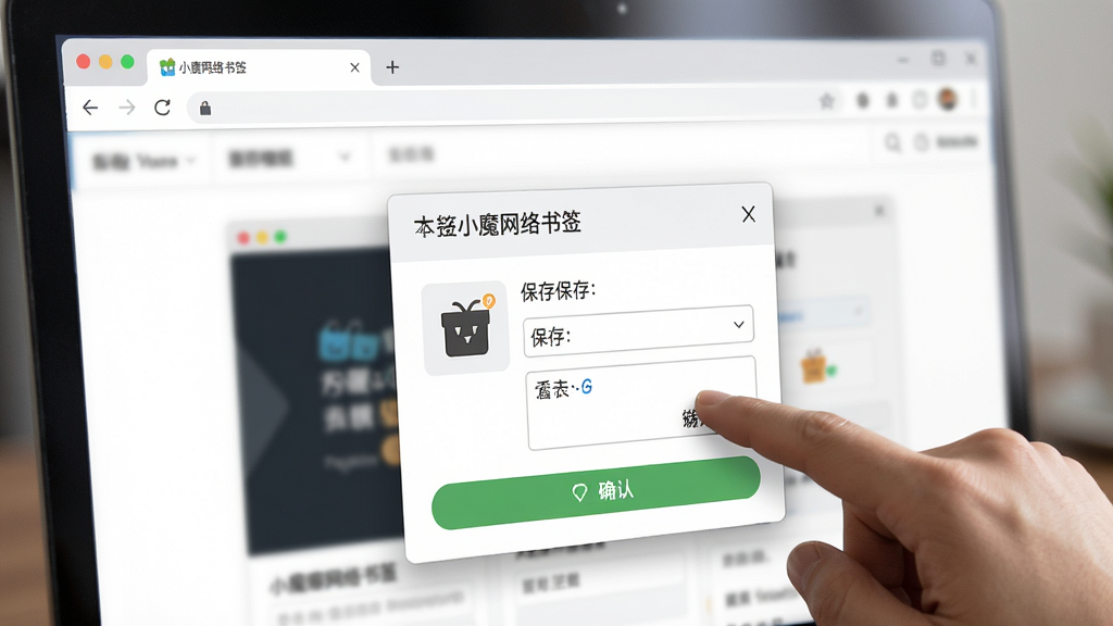 一幅展示「小魔网络书签」快速收藏操作的场景图,主体为用户手指点击浏览器插件按钮的瞬间,布局为浏览器窗口占画面主要区域,排版自然,风格为写实UI风格,细节包含插件弹窗、书签保存表单、确认按钮,画质清晰,干净,无多余元素