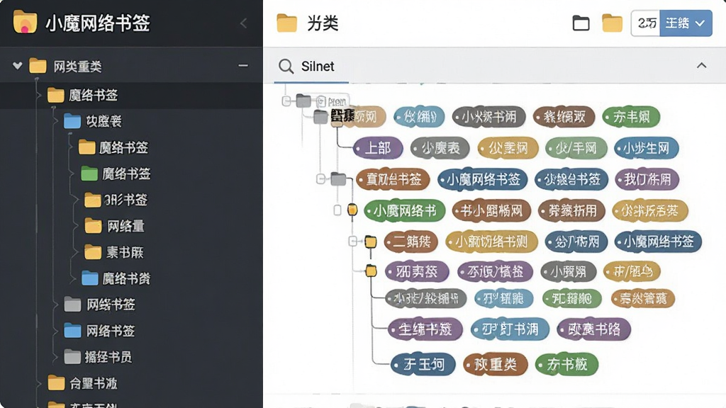 一张展示「小魔网络书签」标签管理功能的界面截图,主体为标签云和分类树状图,布局为左侧树形分类、右侧标签云展示,排版清晰,风格为简约商务风,细节包含彩色标签、文件夹图标、筛选按钮,画质清晰,干净,无多余元素