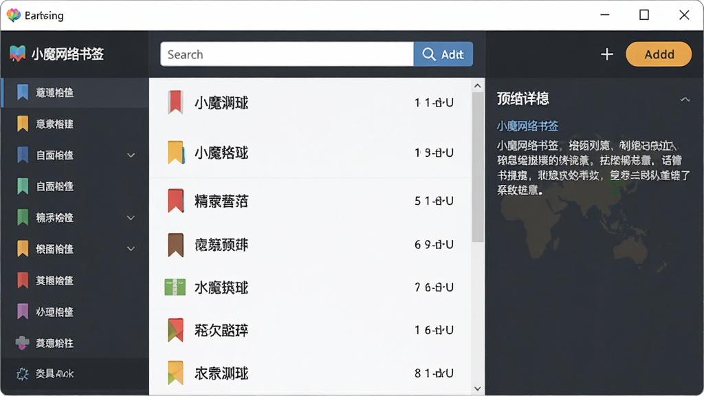 一个简洁的软件界面截图,主体是「小魔网络书签」的主窗口,布局为左侧分类导航栏、中间书签列表、右侧详情预览区域,排版整齐,风格为现代扁平化设计,细节包含彩色书签图标、搜索框、添加按钮,画质清晰,干净,无多余元素