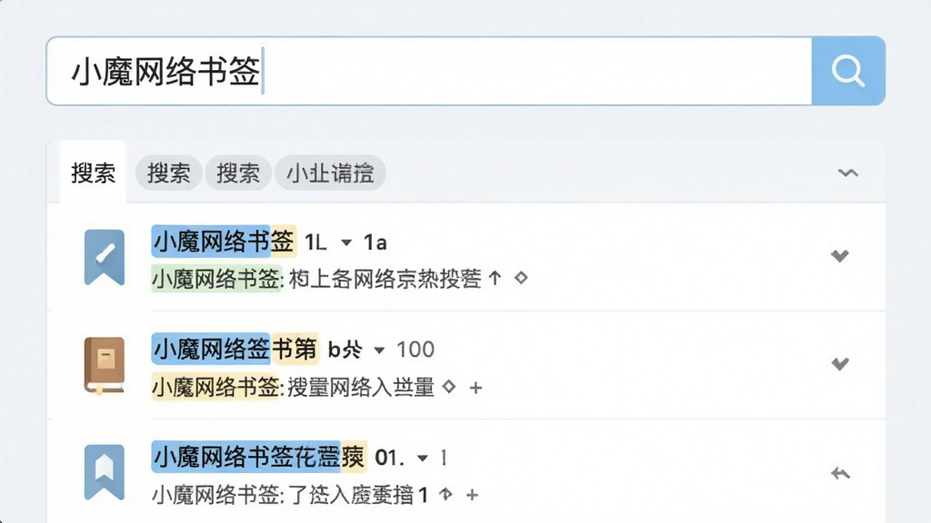 一张展示「小魔网络书签」搜索功能的界面截图,主体为搜索框和结果列表,布局为顶部搜索栏、下方结果列表,排版简洁,风格为清爽浅色风,细节包含高亮关键词、书签图标、分类标签,画质清晰,干净,无多余元素