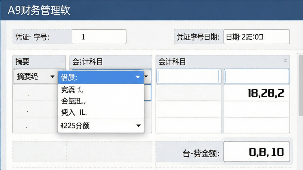一张展示A9财务管理软件智能凭证处理功能的场景图,主体为软件凭证录入界面特写,布局上方为凭证字号和日期栏,中部为摘要与会计科目输入区域,下方为借贷金额合计行,排版清晰规整,风格为专业财务软件界面风,细节上科目下拉列表展开、金额数字醒目、背景有淡淡的表格线纹理,画质高清,干净无杂乱元素