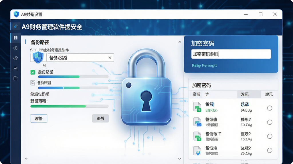 一张展示A9财务管理软件数据安全与备份功能的图片,主体为软件备份设置窗口与加密锁图标组合,布局左侧为备份路径选择面板、右侧为加密密码输入框,排版简洁,风格为安全科技风,细节上有盾牌图标、进度条和备份文件列表,画质高清,干净清晰,无多余元素