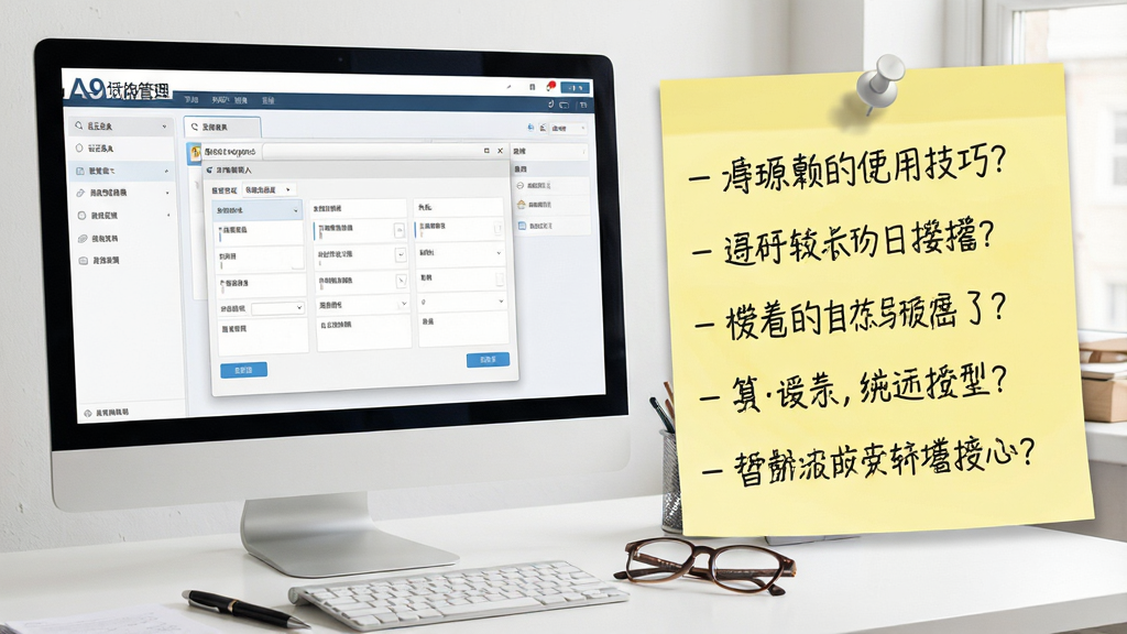 一张展示A9财务管理软件使用技巧的场景图,主体为电脑屏幕上软件操作界面与旁边便签纸上的操作要点提示,布局左侧为软件凭证录入窗口、右侧为手写风格便签列出五条技巧,排版轻松实用,风格为办公学习风,细节上便签有图钉、界面清晰、桌面上有笔和眼镜,画质高清,干净无杂乱