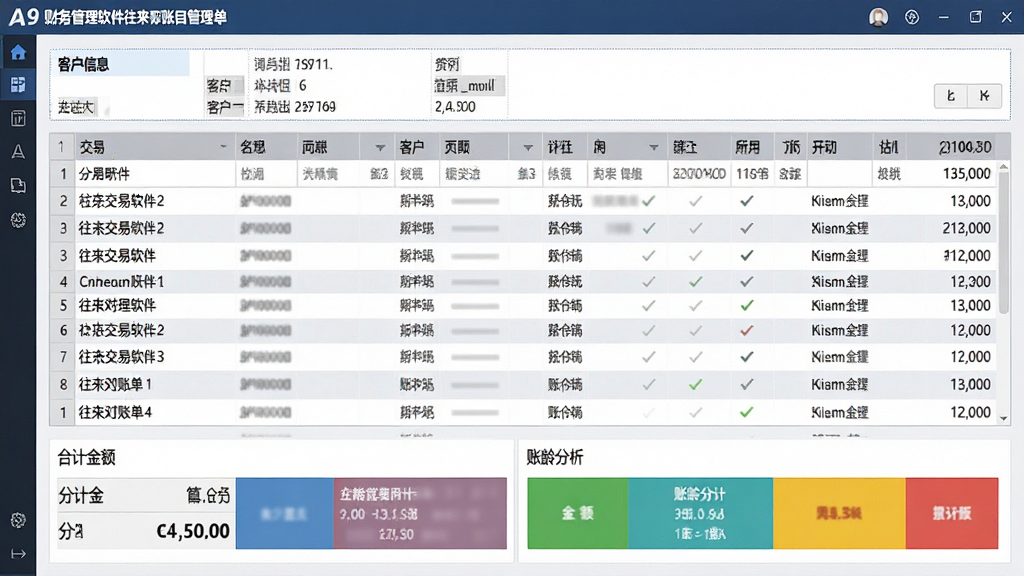 一张展示A9财务管理软件往来账目管理功能的图片,主体为软件往来对账单界面,布局上方为客户信息栏,中部为逐笔交易明细表格,下方为合计金额与账龄分析色块,排版整齐,风格为财务办公实用风,细节上表格行交替变色、金额右对齐、账龄预警有颜色标识,画质高清,干净无多余装饰