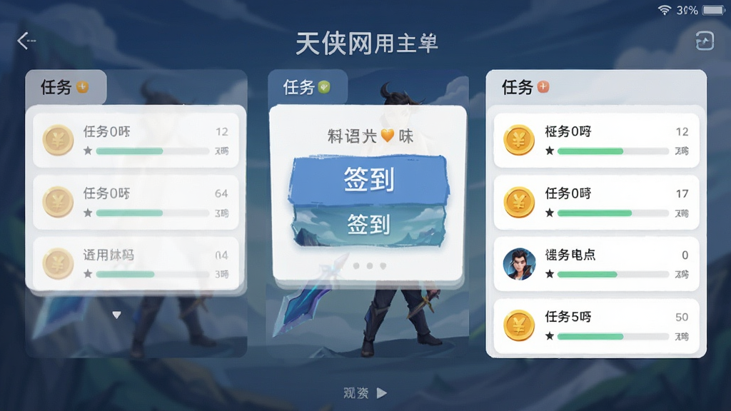 天侠网手机应用主界面截图,画面中央展示签到按钮和任务列表,布局简洁清晰,排版采用卡片式设计,风格为现代扁平化,细节包括金币图标和进度条,画质高清,干净,无多余元素