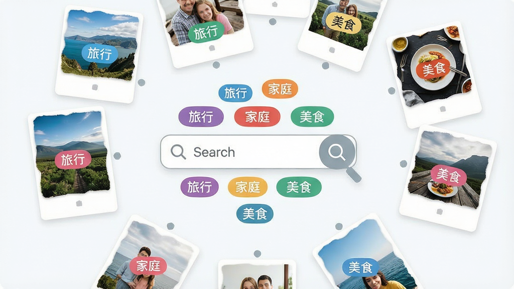 һ��չʾMT Photos���ܱ�ǩ�������ܵĽ���ʾ��ͼ����������Ϊ���������ǩ�ƣ���Χɢ���Ŵ������ֱ�ǩ����Ƭ����ͼ����ǩ���ݰ��������С�����ͥ������ʳ����������������������Ϊ����������䣬���Ϊ����ǳɫϵ��ϸ�ڰ����Ŵ�ͼ�ꡢ��ɫ��ǩ����Ƭ��Ƭ�����ʸ��壬�ɾ��޶���Ԫ��