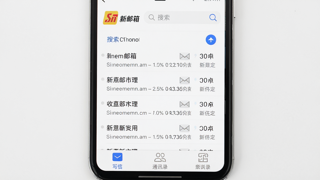 手机屏幕中显示新浪邮箱应用主界面,白色背景上排列整齐的邮件列表,顶部有新浪邮箱标志性图标和搜索栏,底部导航栏包含写信、收件箱、通讯录等入口,画面采用简洁扁平化风格,清晰明亮,无多余装饰元素,画质干净细腻