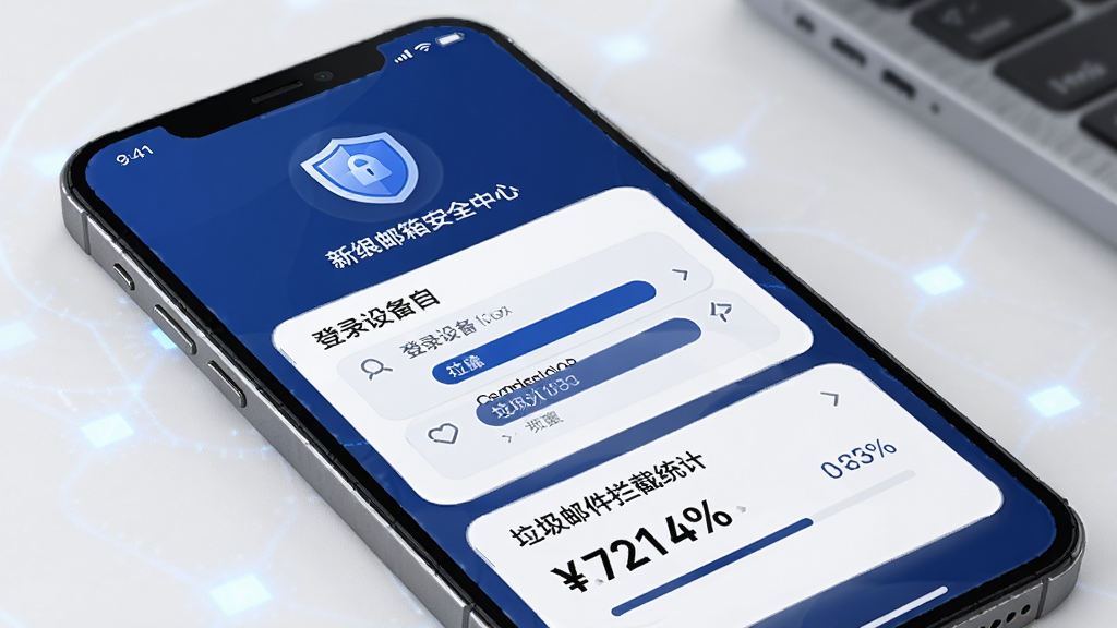 手机屏幕显示新浪邮箱安全中心页面,页面上有盾牌图标、登录设备列表和垃圾邮件拦截统计数字,界面以深蓝色和白色为主色调,风格科技感强,画面干净利落,细节清晰,无多余元素
