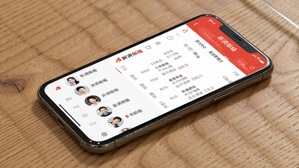 一部智能手机放置在木质桌面上,屏幕内展示新浪邮箱多账号管理界面,左侧是账号头像列表,右侧是当前账号的收件箱内容,整体色调以新浪红和白色为主,画面风格现代商务,细节清晰,画质干净,无多余元素