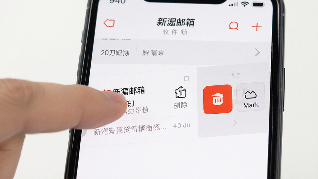 手机展示新浪邮箱收件箱界面,用户手指正在左滑一封邮件,邮件旁边出现删除和标记已读按钮,界面风格清爽,白色背景配新浪红点缀,画面干净,画质清晰,无多余元素