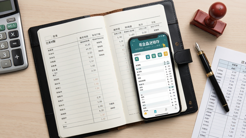 办公桌上摆放一本翻开的账本与一部手机,手机屏幕显示“易金晶进销存”往来对账界面,画面采用俯视构图,风格简约商务,细节包含计算器、钢笔、印章与账目数字,画质清晰,干净,无多余元素