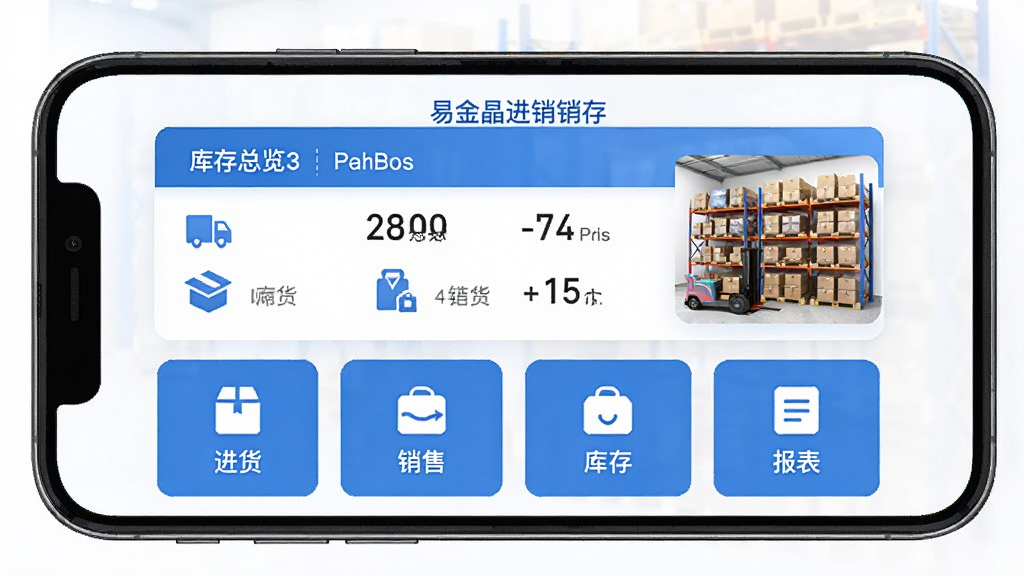 手机屏幕中央展示“易金晶进销存”应用主界面,画面采用上下布局,上方为库存总览卡片,下方为进货、销售、库存、报表四个功能入口按钮,整体风格简洁商务,配色以蓝白为主,细节包含商品图标、数字报表与仓库货架元素,画质清晰,干净,无多余元素