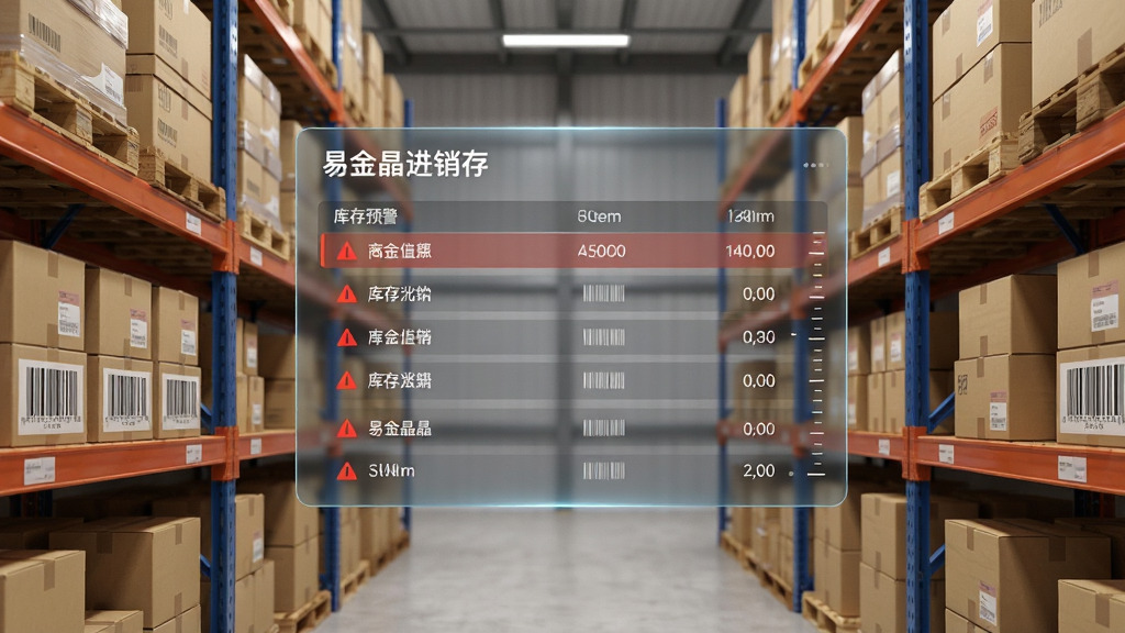 仓库内部视角,画面中央悬浮一块半透明数据面板,面板上显示“易金晶进销存”库存预警列表,左右两侧为整齐的货架与纸箱,风格科技商务,细节包含红色预警标识、商品条码与数量刻度,画质清晰,干净,无多余元素