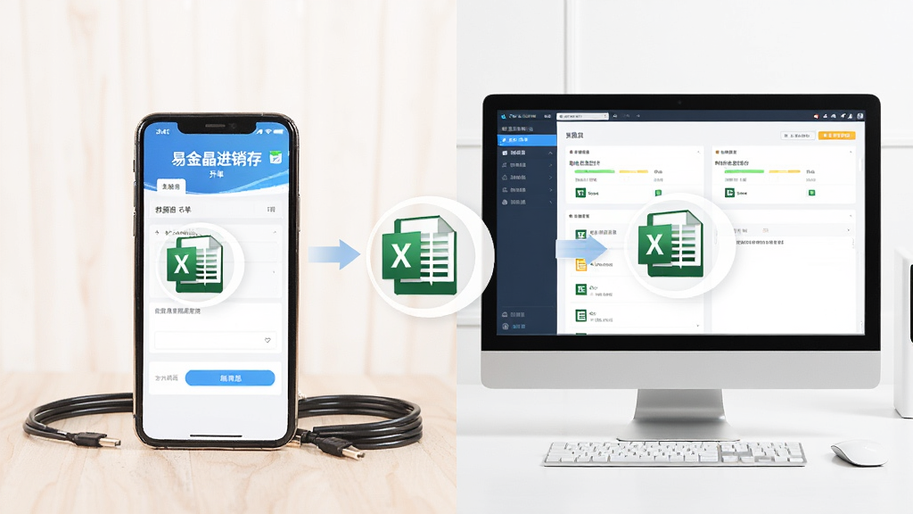 手机与电脑并排摆放,手机屏幕显示“易金晶进销存”移动端开单界面,电脑屏幕显示同一软件的数据导入界面,画面采用对比构图,风格简洁教学,细节包含数据线、Excel表格图标与同步箭头,画质清晰,干净,无多余元素