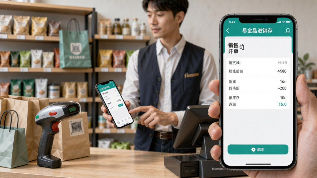 一位店主站在店铺柜台前,手持手机操作“易金晶进销存”应用,画面采用左右构图,左侧为店铺货架与商品,右侧为放大的手机屏幕显示销售开单界面,风格写实商务,细节包含扫码枪、购物袋与库存数字,画质清晰,干净,无多余元素